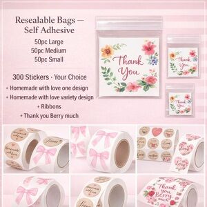 Self Adhesive Bags “Thank You “ Variety Sizes and 1 Roll Sticker 300pc